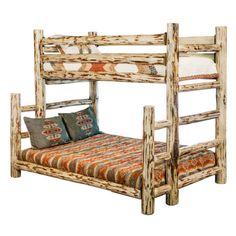 a wooden bunk bed with two pillows on it