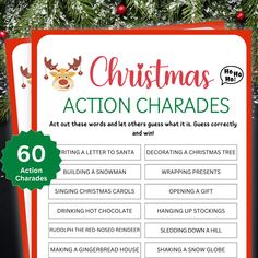 Printable Christmas Games Charades   WHAT YOU GET 60 Printable Christmas Charades in both 5 × 7" Size and 8.5 x 11" (2 per page) HOW IT WORKS: After purchase, you will receive a download link where you will access your PDF files in 8.5 × 11 and 5 x 7 inches (printed as 2 games on an 8.5 by 11 Inch paper or A4) inches size that you can print at home or at the printing shop. You will also receive an email from Etsy with your download(s) or feel free to log in to your account to access your downloads at any time.  It prints beautifully! --THIS IS A DIGITAL DOWNLOAD. NO PHYSICAL ITEM WILL BE SHIPPED TO YOU.  -- THESE ARE NOT EDITABLE FILES. YOU CANNOT CHANGE ANYTHING. PRINT AS IT IS --WE DON'T OFFER CUSTOMIZATIONS. Active Christmas Games For Kids, Christmas Charades For Kids, Holiday Games For Family, Charades For Adults, Holiday Charades, Printable Christmas Party Games, Christmas Charades Game, Party Games Christmas, Charades For Kids