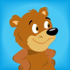 a cartoon bear is sitting down with his arms crossed and eyes wide open on a blue background