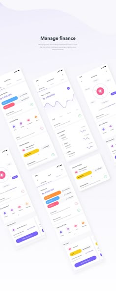 five screens showing the different functions of finance and financial information on one screen, with text that reads manage finance