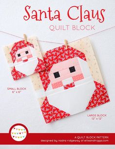 the santa claus quilt block is hanging on a clothes line with red and white fabric