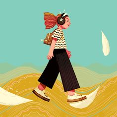 an illustration of a woman walking in the sand with a sailboat on her back