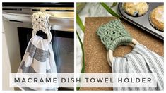 three pictures showing different types of towels hanging on hooks and in front of an oven with muffins