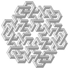 an abstract design consisting of intersecting lines and interlocked shapes in grey on a white background