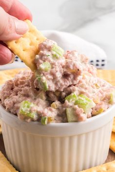 a hand dipping a cracker into a bowl of tuna salad