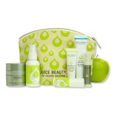 Juicy Delights 7-Piece Gift Set -  Juice Beauty's 7 Piece Juicy Delights Gift Set is a must have minis kit that contains 6 Best Selling Skincare items packaged inside a travel bag. Cleanse, exfoliate, treat, and hydrate your skin for smoother, more hydrated, glowing results.    Benefits     PREBIOTIX Cleansing Cream: A gentle, creamy formula with Coconut + Aloe deeply cleanses and removes makeup revealing smoother skin. GREEN APPLE Peel Full Strength Exfoliating Mask to reveal a brighter complex Skincare Aesthetic Photography, Headband Skincare, Skincare Headband, Skincare Routine Steps, Skincare Asmr, Skincare Videos, Bubble Skincare, Steps Skincare, Skincare Items