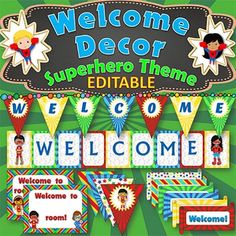 the welcome sign for superhero themed children's birthday party with name tags and decorations