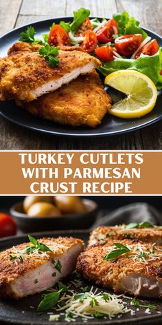 turkey cutlets with parmesan crust recipe on a black plate next to tomatoes and lemon wedges