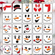 the christmas faces game is shown in red and white, with snowman's hats on