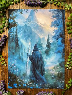 a painting of a wizard holding a staff in front of a snowy mountain landscape with purple flowers