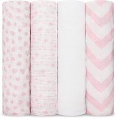 four pink and white baby swaddles lined up against each other