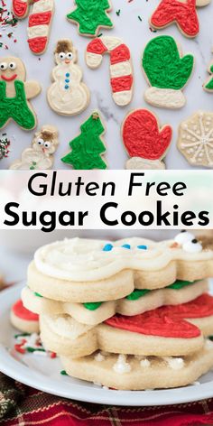 gluten free sugar cookies with christmas decorations on the side and text overlay reading gluten free sugar cookies