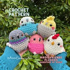 crochet pattern book cover with five little birds in different colors on their fingers