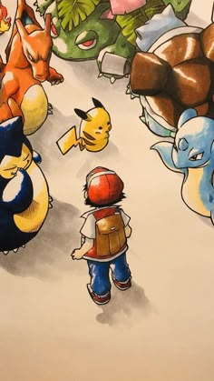 an image of children playing with pokemons in the snow at christmas time, as well as other cartoon characters