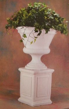 a white planter with green plants in it