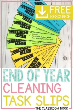 the end of year cleaning task cards with text overlay