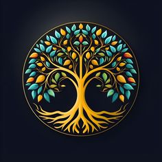 a golden tree with colorful leaves in a circle on a black background, symbolizing the growth of trees