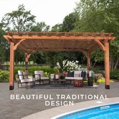 an outdoor living area with a pool and pergolated gazebo in the background