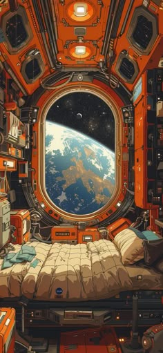 an astronaut's bedroom with the earth in the window