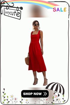 Red Square Neck Midi Calf Dress Red Solid Color Maxi Dress For Spring, Chic Red Solid Color Midi Dress, Casual Red Midi Dress, Red Solid Color Dress For Day Out, Red Dress For Day Out, Red Solid Color Midi Dress For Summer, Chic Red Maxi Dress With Square Neck, Summer Solid Color Red Midi Dress, Chic Plain Summer Midi Dress