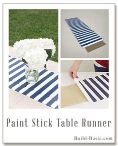 four different pictures with the words paint stick table runner in white, blue and gray