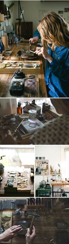 a collage of photos showing the process of making wooden furniture from different angles and materials