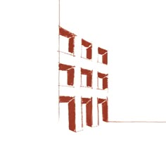 a red and white drawing of a building with windows on each side, against a white background