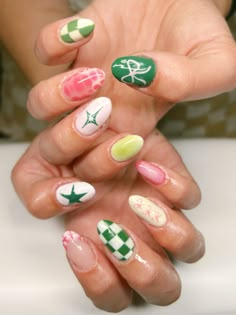 Nails With Multiple Designs, Vacation Themed Nails, Golf Inspired Nails, Green Aura Nails Almond, Mismatch Nail Art, Pink Mismatched Nails, Cute Nail Inspo Acrylic Almond, Summer Plaid Nails, Pastel Nail Design Ideas