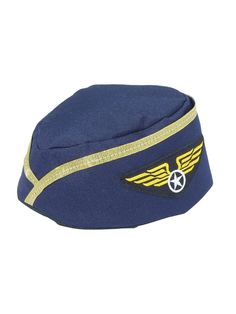 a blue hat with gold trims and wings on it's brimmed visor