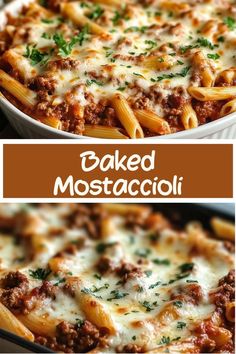 baked pasta with meat and cheese in a casserole dish