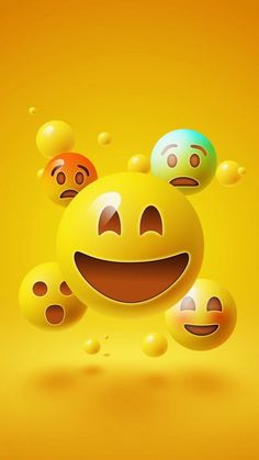 an animated smiley face surrounded by bubbles on a yellow background with the caption happy