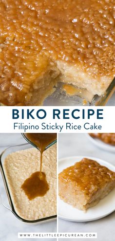 sticky rice cake being made and served with text overlay that reads Biko Recipe Filipino Sticky Rice Cake Filipino Sticky Rice, Sweet Rice Cake, Biko Recipe, Sticky Rice Cakes, Sticky Rice Cake, Beras Ketan, Sweet Sticky Rice, Rice Cake Recipes