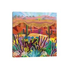 an abstract painting of cactuses and mountains