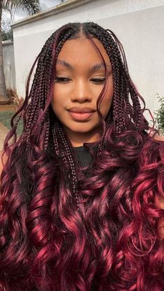 Box Braids Burgundy And Black, Dark Red And Black Braids, Black Red Braids, Burgundy Hairstyles For Black Women, Burgundy French Curl Braids, Dark Red Box Braids, Burgundy Passion Twists, Burgundy Braids For Black Women, Burgundy Braiding Hair