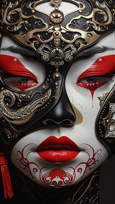 a woman's face painted in black, white and red with ornate details on it