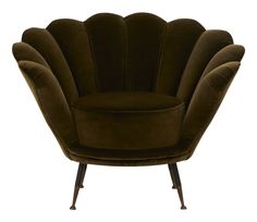 an art deco style chair with three curved legs and a dark brown velvet upholstered seat