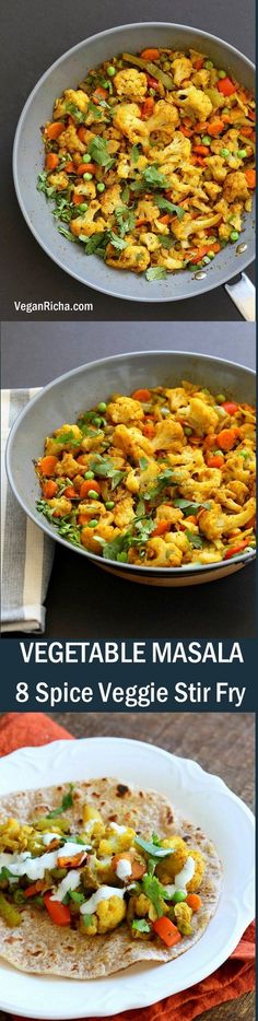 three different views of food in pans on top of each other with the words vegetable masala and spice veggie stir fry