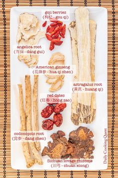 a plate with different types of sticks and dried herbs on it, labeled in the following words