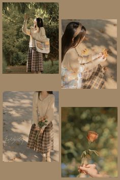 four different pictures of a woman holding a rose