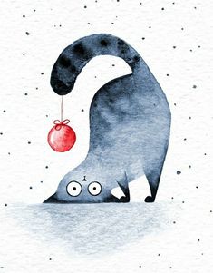 an illustration of a cat with a christmas ornament on its nose