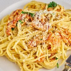 a white plate topped with pasta covered in sauce and parmesan cheese next to a fork