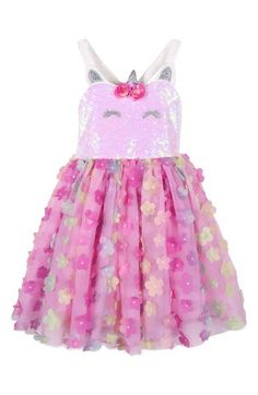 Three-dimensional blooms lend texture to the skirt of this showstopping kid-sized party dress with a sequin-adorned bodice and unicorn features. Lined Bodice is 95% polyester, 5% spandex; skirt is 100% polyester Hand wash, line dry Imported Unicorn Dresses, Unicorn Fashion, Unicorn Dress, Unicorn Kids, Pink Sparkly, Women Birthday, Sims Cc, Kids Stuff, Dress For Women