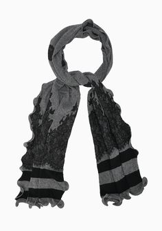 This charcoal melange and black stole, knitted from a very soft fine wool, is further embellished with a delicate black Chantilly lace application. A stylish and comfortable neck wrap for any attire any time. Elegant Winter Lace Shawl, Elegant Lace Shawl For Winter, Elegant Cashmere Shawl For Layering, Elegant Shawl For Layering, Elegant Black Cashmere Scarf, Elegant Gray Shawl For Winter, Elegant Gray Scarves For Fall, Chantilly Lace, Neck Wrap