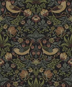 an intricately designed wallpaper with birds and flowers in black, green, yellow and red