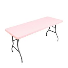 a pink plastic table with black legs on a white background for use as a backdrop