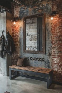 Incorporate an industrial theme in your tiny apartment entryway with exposed metal and raw finishes. It adds a raw edge and minimalist appeal, great for urban entryways. Explore more industrial entryway ideas here. Industrial Entryway Ideas, Apartment Entryway Ideas, Industrial Interior Design Bedroom, Small Apartment Entryway, Transitional Entry, Functional Entryway, Entry Styling, Rustic Entry, Industrial Theme