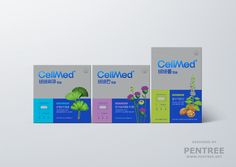 three boxes of cellmed tablets are shown in this image, one is blue and the other is green