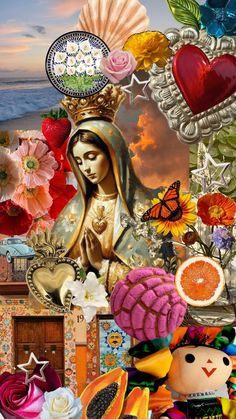 a collage of many different things including flowers, fruit and a statue in the background