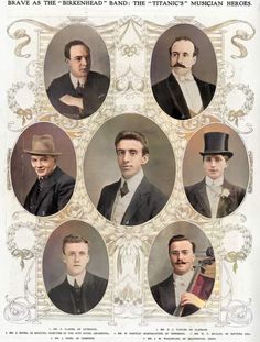 an old poster with six men in suits and hats on it's sides, all wearing top hats