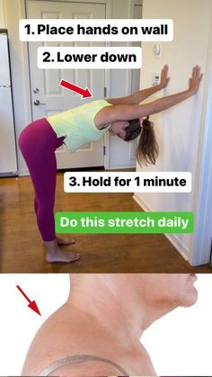 a woman standing on one leg in front of a door with the caption, do this stretch daily and place hands on wall 2 lower down 3 hold for 1 minute